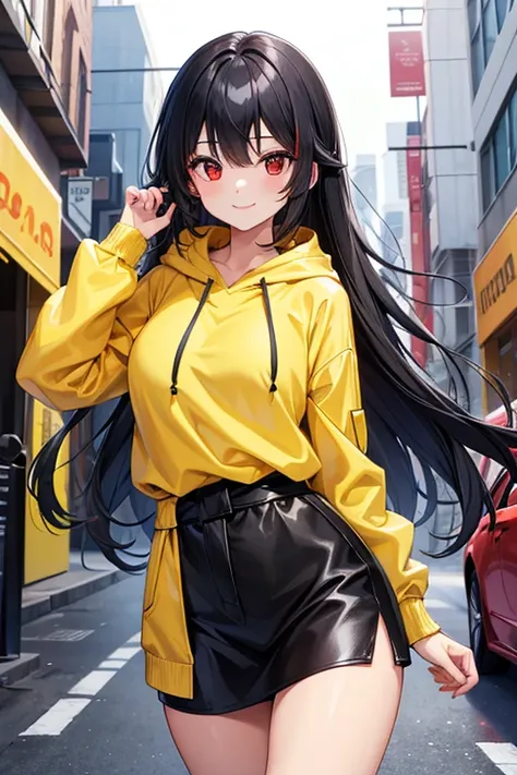  1 Beautiful Girl　Shows up to the waist　 black long hair　Red eyes　 bewitching smile　white and yellow hoodie