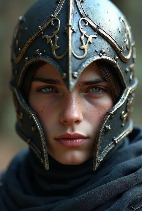 a male,knight,just face,half face,eye closed, war a helmet,a helmet like artorious like dark soul,semi realistic,the charater is youngling and have no bread