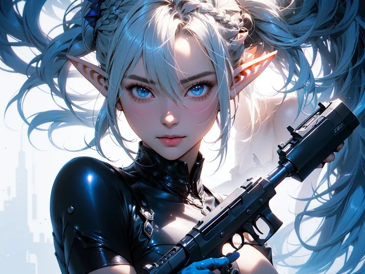 A portrayal of a sweet elf girl standing with a gun in hand, radiating a sense of determination and strength, style by Yoji Shinkawa, full body, dynamic pose, perfect anatomy, Fantasy art style, soul, approach to perfection, cell shading, 8k, cinematic dra...