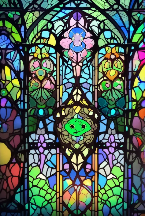 a close up of a stained glass window with a frog on it, stained glass art, stained glass style, stained glass, stain glass, maxim verehin stained glass, stained glass!!, psychedelic frog, glowing stained glass backdrop, frog, green stained glass, stained g...