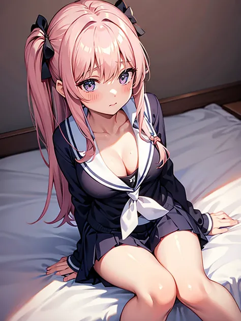 1 sitting girl, on the bed, cute, school uniform, from above, full-face blush, Cleavage, loli