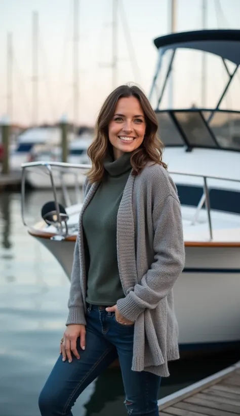 A 38-year-old woman posing on a small boat docked at a pier, dressed in a high-neck cardigan.