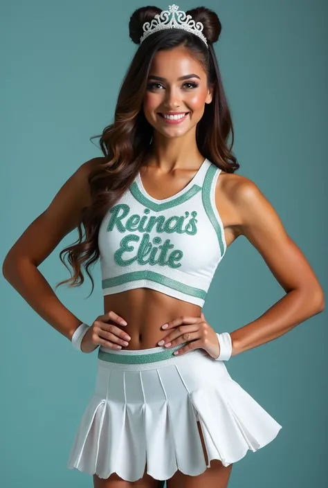 make a cheer uniform that represents a pageant queen, make the colors white and a pretty light teal and make the uniforms say the name “Reina’s Elite” make it shinier and more unique/creative!!! make it a skirt and make it resemble a queen and add a bow to...