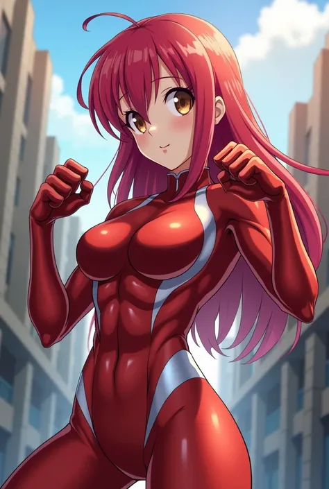 My Hero Academia Style , Anime girl, female, young female ,Full Body Shot,(fighting stance:1.3),Long hair, Red Hair,  Brown Eyes,Hero Suit, Full Body Suit, red suit with white details, perfect anatomy,  （Well-trained abdominal muscles）,（trained Biceps）,sup...