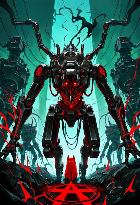 (evil robot,(((((Non-human structure)))))),(Best quality,Ultra-detailed,Realistic:1.37),(dark and moody lighting),(Metallic,industry:1.1),(Sharp and angular elements),(Sinister gaze),(Red glowing eyes:1.1),(Mechanical arms),(Ominous atmosphere),(Broken wir...