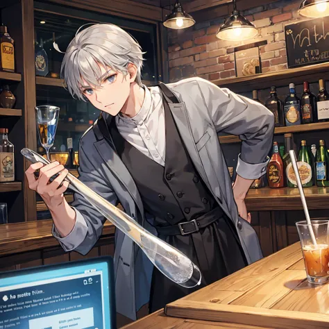 The grey-haired wizard man is a master at a city bar