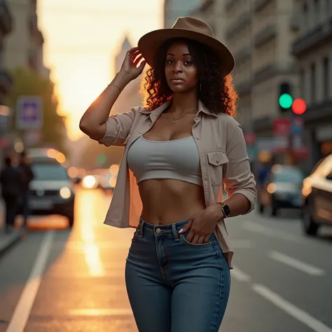 woman, adult, curvy body, curly brown hair, thin woman, showing the whole body, (large breasts: 1.4), (dark skin: 1.8), ((standing casually on a busy urban street during the golden hour, soft sunlight highlighting her features, surrounded by a lively city ...