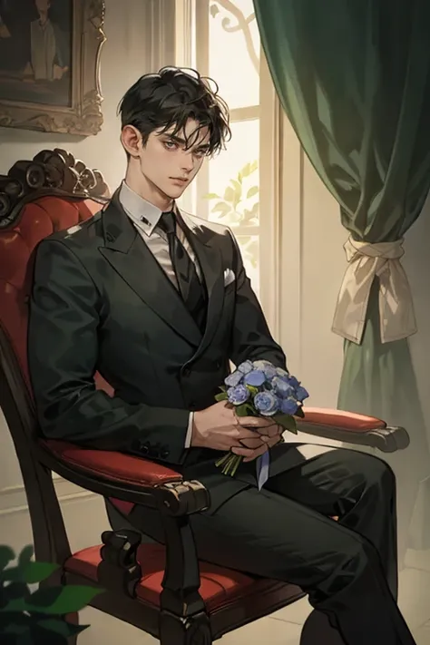 ((One young man with a black suit and tie)), gotham, alejandro, (((side swept dark short hair))), (dark green eyes and thick eyebrows), smirk, ((20 years old)), ((masterpiece)), posture dynamic, ((cinematic lighting)), (height tall around 5 foot 6), sittin...