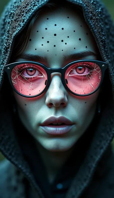 A womans face, covered in black stippled dots, with penetrating black eyes shining through the cracked lenses of her pale pink glasses. Her lips are a soft shade of pale blue. A chain maille hood neatly envelops her head extending down to her neck