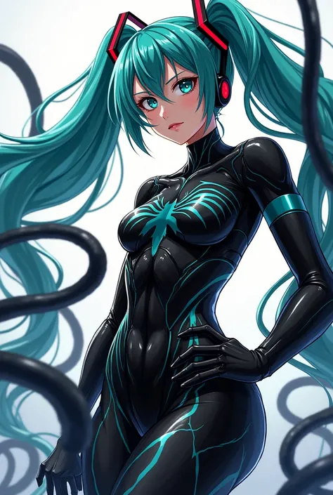  anime style　Hatsune Miku, who is parasitized by Venom and is full of strength 、 has a fearless smile 、Wearing a Venom suit 、 Venom wraps around my body and sticks out my long tongue