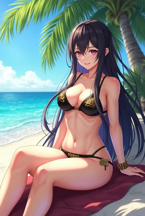 Genshin impact ,Raiden shogun,sexy bikini, lying on the beach