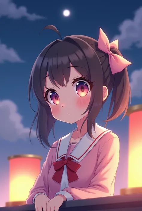 Create a wallpaper featuring a cute anime girl with large, expressive eyes. She should be enjoying a peaceful night scene, perhaps gazing at the moon or stars. The background should be soft and dreamy with pastel colors, possibly featuring glowing lanterns...