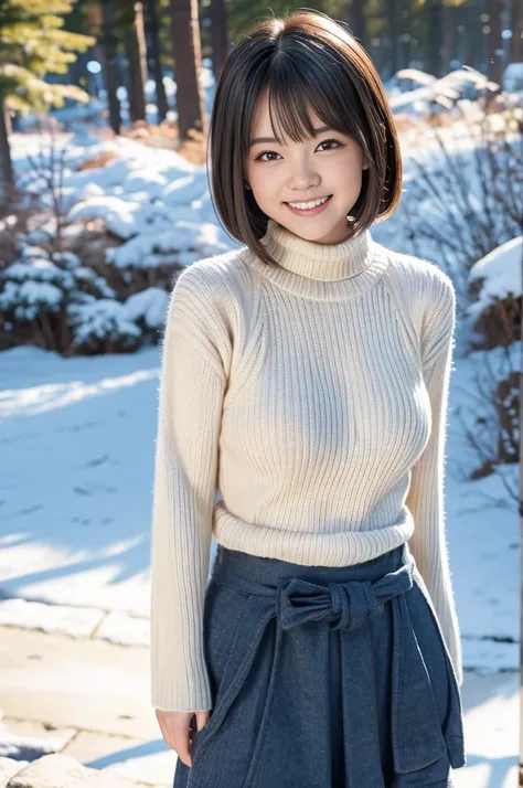 (8k, RAW photo, photorealistic, HQ, masterpiece), a cute Japanese girl,(glowing eyes), 
(laugh ), brown hair, fluffy Pixie Bob hair, large breasts, curvy, (A big baggy wool sweater layered over a simply long skirt), 
standing pose, Seductive pose, (winter ...