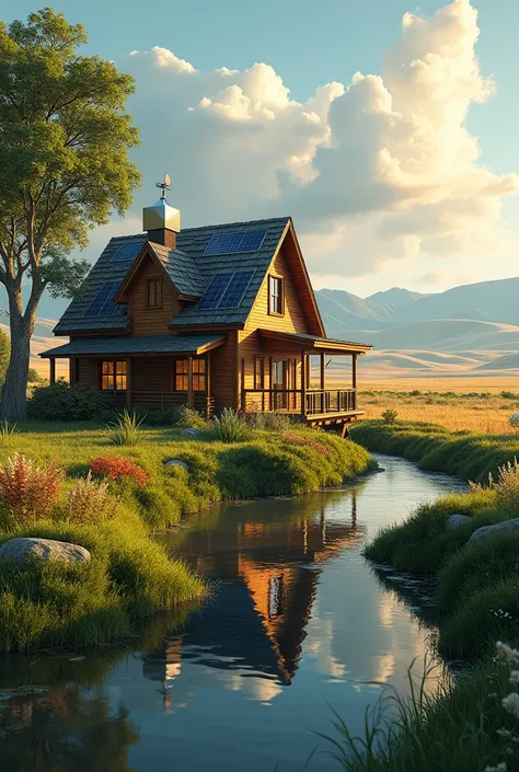 a beautiful wooden house next to a stream in a plain with hills on the horizon, solar panels installed and a Starlink style antenna, detailed house, detailed landscape, idyllic landscape, detailed trees and nature, sunlight, warm colors, photorealistic, 8k...