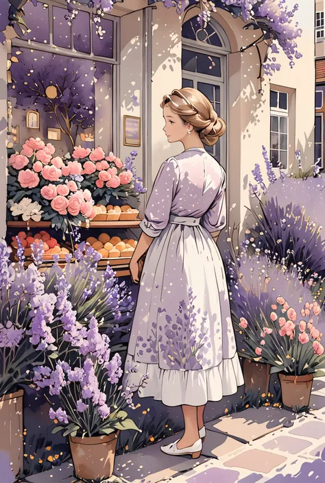 Universe, Illustration with wistaria as the main color, Someones signature, Maison, city of Manchester, Lavender flowers, Cat walking leisurely on the street, A woman as beautiful as Grace Kelly stands pensive in front of a bakery, She is very fashionable ...