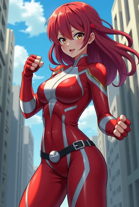  My Hero Academia style ,   anime girl , woman, young woman ,  full body shot ,( Fighting Stance :1.3),Long Hair, Red Hair,   Brown Eyes , hero suit, Full Body Suit,  red suit with white details, perfect anatomy,  enhanced abs , super detailed,(building:1....