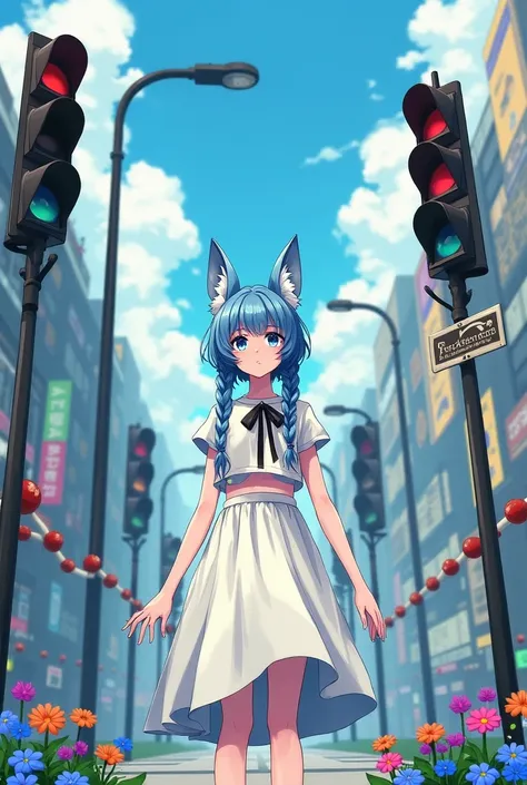 Girl with blue fox ears and two-pronged braids, with lots of traffic lights and barriers {x} flowers,  A half-life illustration of a girl standing next to a row of , without a train ,1 traffic light ,Cover song , The clothing is a white cropped tee, a whit...