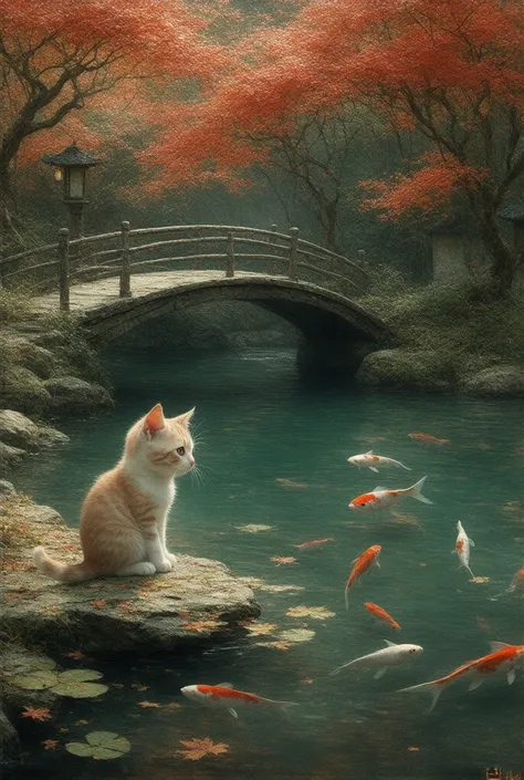 Japanese Garden、autumn、cute kitten looking at fish in the pond、 Masterpiece、