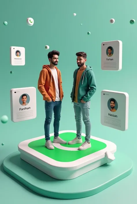 Create a 3d illusion in which two persons are standing casually on top of social media logos WhatsApp. The characters must wear casual modern clothings  such as jeans jacket and sneakers shoes. The background of image is a social media profile pages with n...