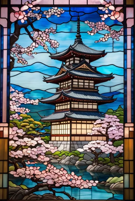 a close-up of a stained glass window depicting a grand Japanese castle inspired by Edo Castle, surrounded by cherry blossoms and maple trees, set in a tranquil traditional Japanese landscape, art nouveau and stained glass style, glowing and intricate stain...