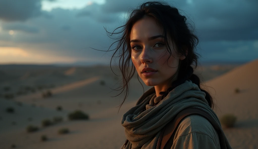 PORTRAIT OF A WOMAN IN THE DESERT IN THE DARKNESS IN THE EVENING