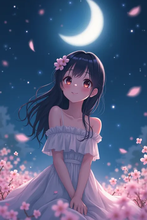 Create a wallpaper featuring a cute anime girl with large, expressive eyes. She should be enjoying a peaceful night scene, perhaps gazing at the moon. 