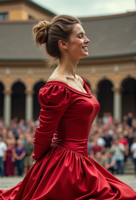 (realistic photograph close up victorian) (sideways), (a big bust slender waist beautiful smiling kneeling hot lady with (messy hair bun)), (she is wearing (an exaggerated elaborate shiny red silk tight closed round neck dress with (long extremely big puff...