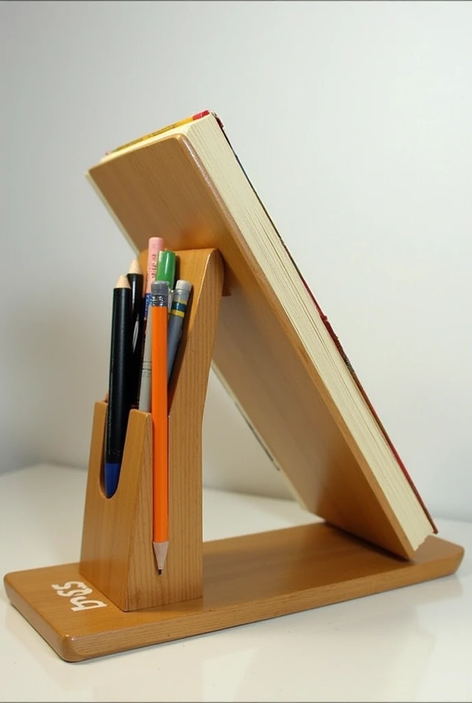 An adjustable book stand  made of wood generally. Apply 2 modifications in it first it should have extendable sides and second a clamp or holder should be attached in its side for holding pencils and stationary