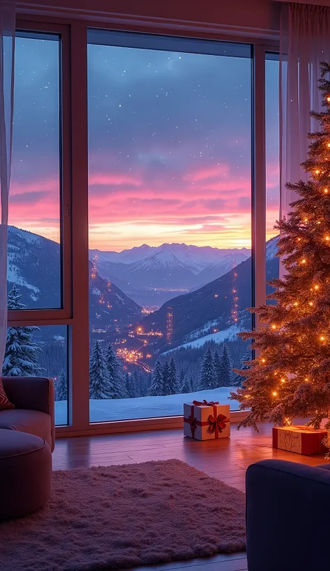 living room with windows overlooking the mountains in Christmas seasons with falling snow and Christmas decorations with neon lights sunset at night