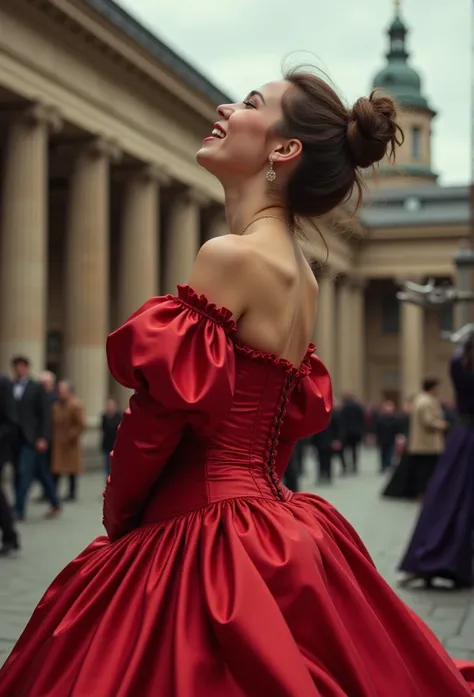 (realistic photograph close up victorian) (sideways), (a big bust slender waist beautiful smiling kneeling hot lady with (messy hair bun)), (she is wearing (an exaggerated elaborate shiny red silk tight closed round neck dress with (long extremely big puff...