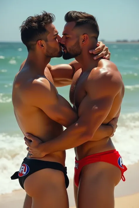 Two muscular men in tight and tiny thong bikinis with afl logo kissing aggressively on a beach. One is 21 and other is 55 years old. Make photo very realistic. 