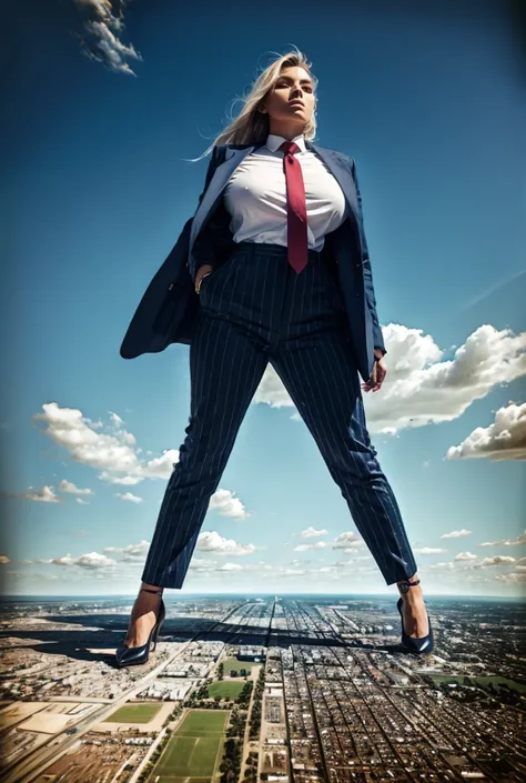 Giantess art, 100 miles tall giga giantess, sophisticated and stylish woman in a light navy blue italian pinstriped trouser suit, form fitting crisp white office shirt, and a large wide blue necktie in a windsor knot, with a beautiful, curvaceous figure, l...