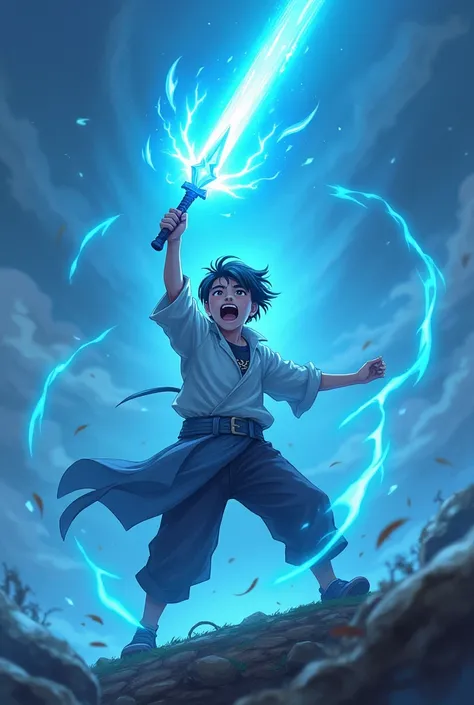 (Best quality),(detailed),(very detailed details),Asian teenager holds a very bright Blue Crystal Dagger and raises the dagger up, the power crystal,Screaming and Glare facial expression,The effect of the daggers power is like a windstorm, on the hill,View...