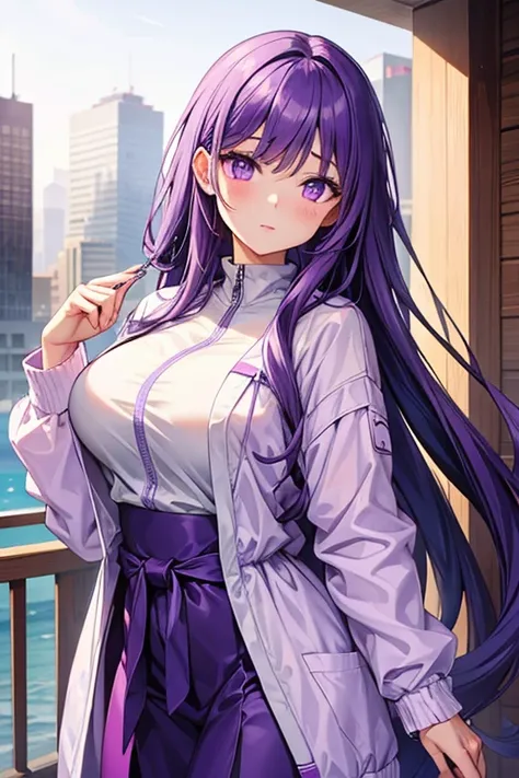  1 Beautiful Girl　Shows up to the waist　 light purple loosely wrapped long hair　Purple eyes　 No Emotion　white and purple windbreaker