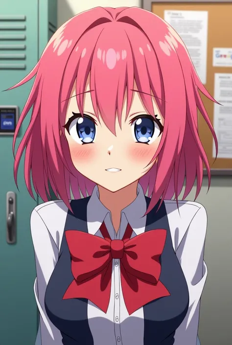 High school anime girl with pink hair and bowtie that is not so cute