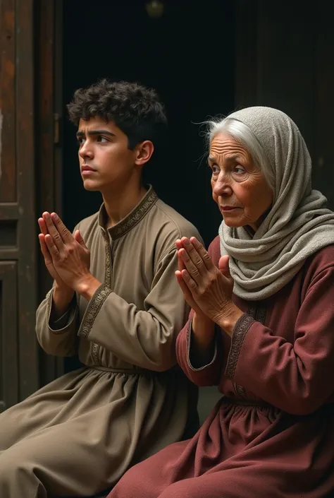 An Arab youth and an elderly woman are praying with sad faces while raising both hands while sitting 