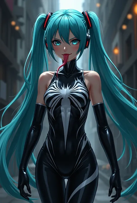  anime style　Hatsune Miku, who is parasitized by Venom and is full of strength 、Hatsune Miku has fallen into darkness and has a fearless smile on her face、Wearing a Venom suit 、I have a long tongue sticking out、Im wearing a Venom suit