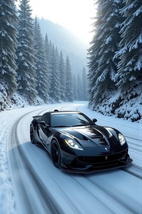 Winter road in the forest and black sport car