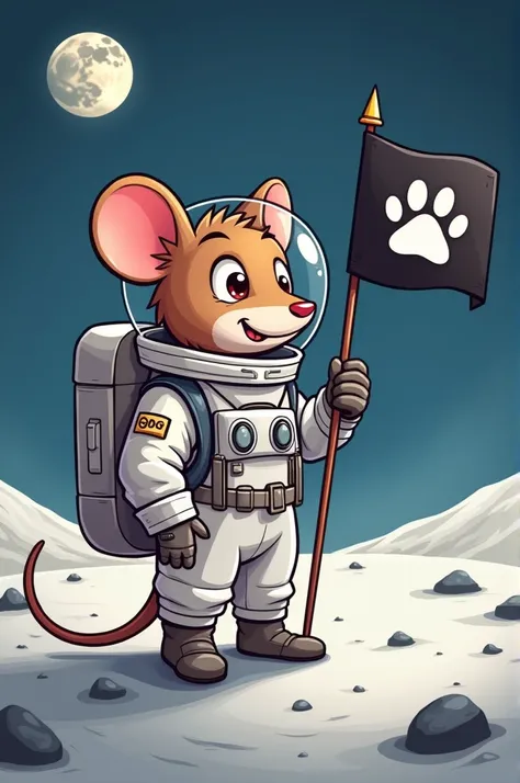 Digital Illustration cartoon of a mouse on the moon. the mouse is wearing a white space suit with a backpack and is holding a black flag with a MOUSE paws on it. it is standing on the surface of the moon with a full moon in the background. 