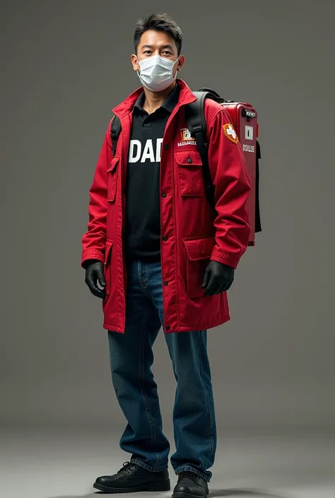 Docteur porte une veste ambulancier rouge manche longue + pantalon jean bleu + sac rouge avec crois blanche + porte un gilet porte plaque noir écris DAD + il porte un masque de chirurgie 