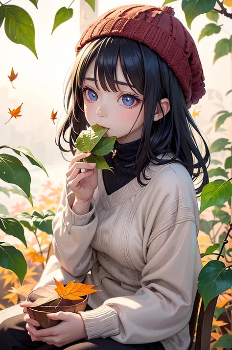 scenery, 1girl, solo, (sitting:1.3), (eating leaves:1.6), chibi, falling leaves, autumn leaves, knitted hat, (((🍁))), looking at viewer, (looking up:1.2), from above, sunlight, (cute face), gradient background, gradient, gradient eyes, no gradients, 2D fla...