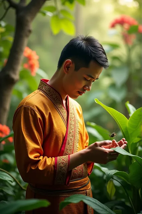 /imagine prompt: A wealthy Thai man in traditional attire standing in a lush tropical garden, focusing on a tiny grasshopper sitting on a green leaf, soft sunlight, highly detailed, vibrant colors --ar 9:16