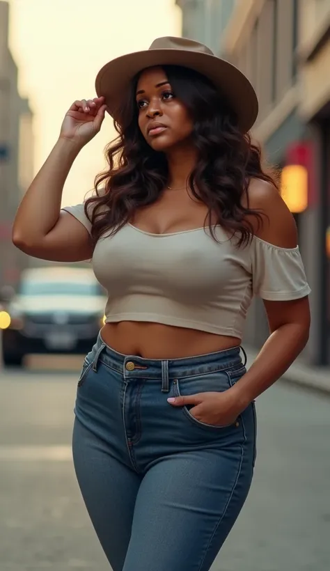 woman, adult, curvy body, curly brown hair, thin woman, showing the whole body, (large breasts: 1.4), (dark skin: 1.8), ((standing casually on a busy urban street during the golden hour, soft sunlight highlighting her features, surrounded by a lively city ...