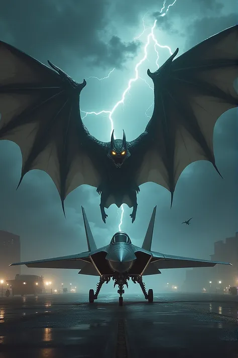 "Create an image where a sleek, dark bat and a high-tech military jet are placed together and facing each other, creating a tense confrontation. The bat should have massive, spread wings with a glossy, nightmarish texture, its eyes glowing with intensity. ...