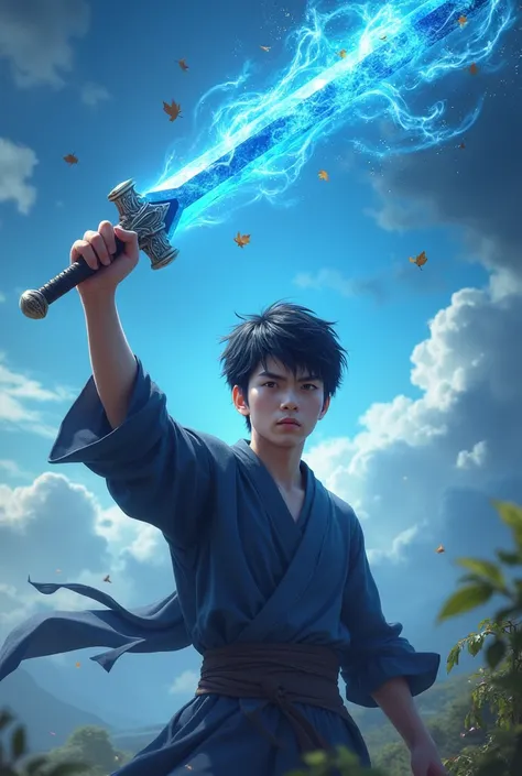 (Best quality),(detailed),(very detailed details),(Realistic Asian)guy teenager holds a very bright Blue Crystal Dagger and raises the dagger up, the power crystal,Screaming and Glare facial expression,The effect of the daggers power is like a windstorm, o...