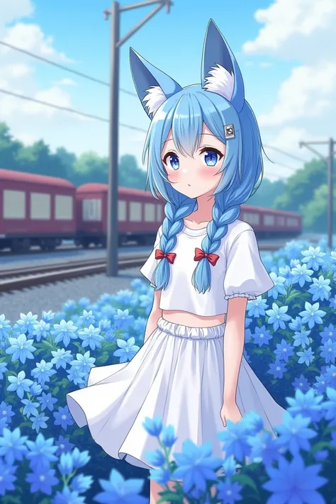  Girl with 2 Pairs of Blue Fox Ears, Two-pronged Braided Girl ,comic book,Cover song . illustration ,Semi-realistic , Girl Standing by the Train Row , Blue Flowers Around , White Dress with Her Heels in a White Cropped Tee,Final episode (아이리 칸나 Cover song ...