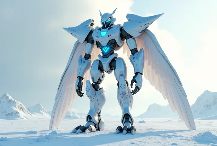 4K, 3D rendering. A bird-inspired giant humanoid robot standing majestically on a snowy plain. The robot has a muscular humanoid form with a head resembling an owl or eagle, featuring a sharp beak and glowing blue eyes. Metallic feathers cascade from the h...