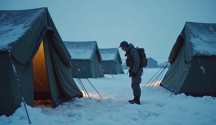 Winter cold weather training, there are several training tents, the time is 8pm, a soldier is urinating, high quality, reality, real photos