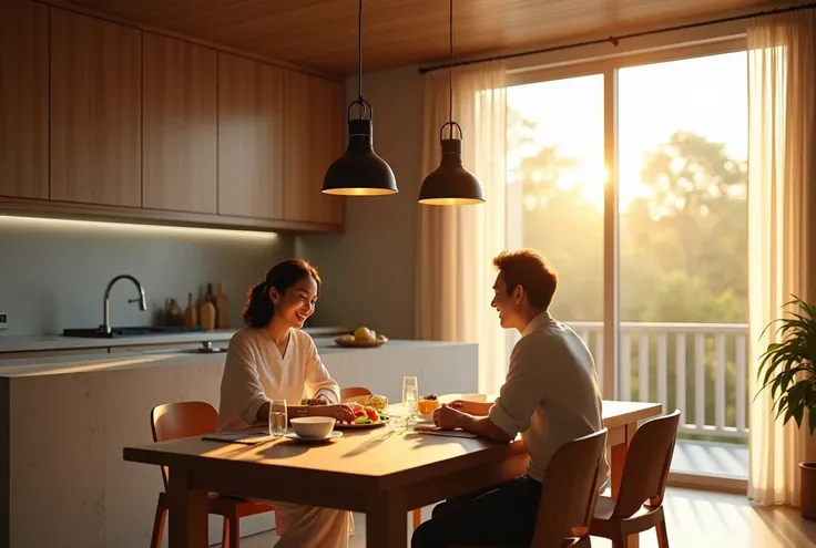 A photorealistic image of a luxurious kitchen and dining space bathed in soft, golden morning sunlight streaming through large sliding glass doors. A Japanese couple in their early 40s sits at a solid walnut dining table, enjoying a quiet and relaxed break...