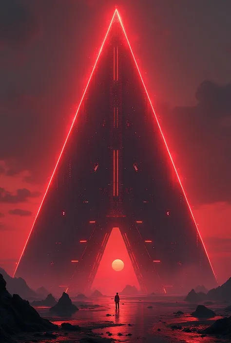 Hyper Animosity detect estimate system Gods City, over futuristic, Triangular unusual shiny shape mechanical building, enormous big city, highest place, mechanism glass,dark planet vegatations, detail in every building part, red dark sky. 